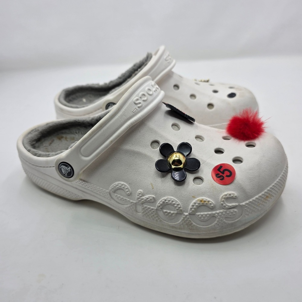 Crocs Classic Lined Clog White Mens 7 Womens 9 Fuzz Warm With Charms